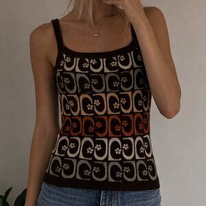 Retro Geometric Knit Tank Top - Brown / Orange Pattern - Women’s Size Small